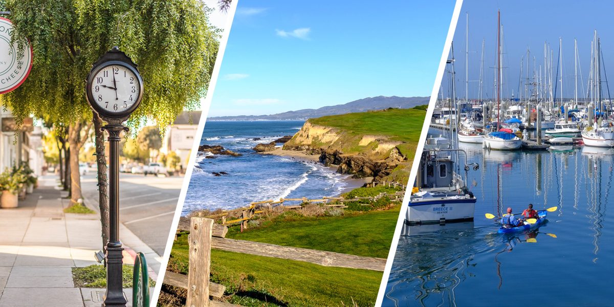 A collage of three scenes: on the left, a black street clock showing 4:55 stands on a sunny sidewalk with trees and parked cars in the background; in the center, a coastal landscape with green grassy cliffs overlooking a rocky beach and ocean waves under a clear blue sky; on the right, a marina filled with numerous sailboats and yachts, with two people paddling a blue kayak on calm water.