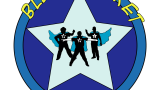 A circular logo with a blue outer ring and a large light blue star in the center. Inside the star are three black silhouettes of people wearing blue capes and shirts with a white star and the letter "B" on their chests. The text "BLUE BLANKET" is curved along the top of the outer ring and "IMPROV" is curved along the bottom, both in yellow, playful font.