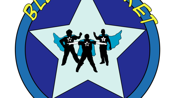 A circular logo with a blue outer ring and a large light blue star in the center. Inside the star are three black silhouettes of people wearing blue capes and shirts with a white star and the letter "B" on their chests. The text "BLUE BLANKET" is curved along the top of the outer ring and "IMPROV" is curved along the bottom, both in yellow, playful font.