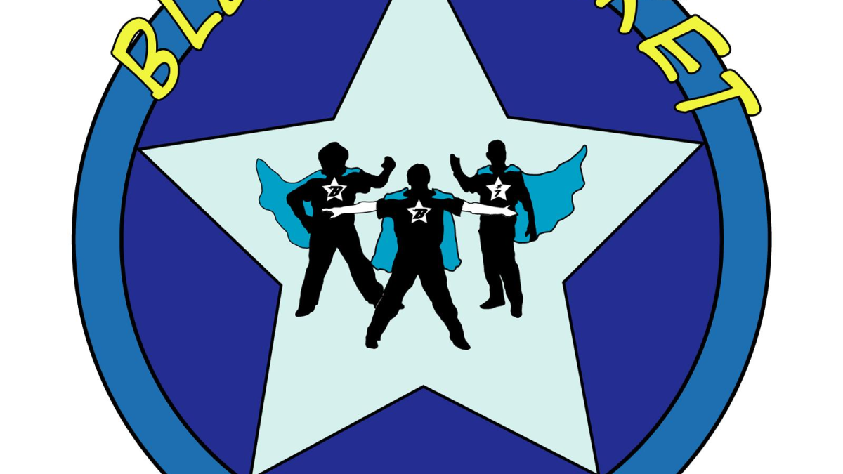 A circular logo with a blue outer ring and a large light blue star in the center. Inside the star are three black silhouettes of people wearing blue capes and shirts with a white star and the letter "B" on their chests. The text "BLUE BLANKET" is curved along the top of the outer ring and "IMPROV" is curved along the bottom, both in yellow, playful font.