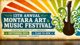 13th Annual Montara Art & Music Festival poster with colorful sunburst background, a stylized guitar, and text celebrating creativity and community. Event date is September 20th, from 11 AM to 4 PM in Montara, California.