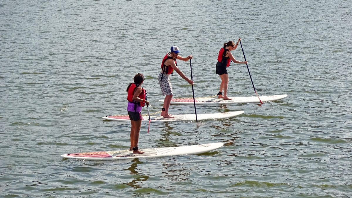 Washington DC, USA-July 24, 2015:  This group of paddle boarders was spotted at the Georgetown Waterfront in Washington enjoying a summer day.  This is a healthy type of exercise and good way to see the waterfront from the Potomac River.  Paddle Boards can be brought or rented.