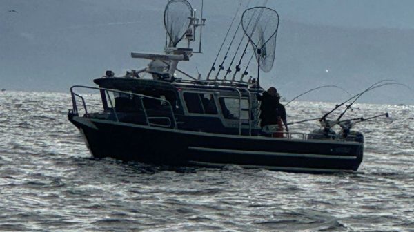 Fishing boat on choppy water with nets and rods, with distant hills under a cloudy sky.