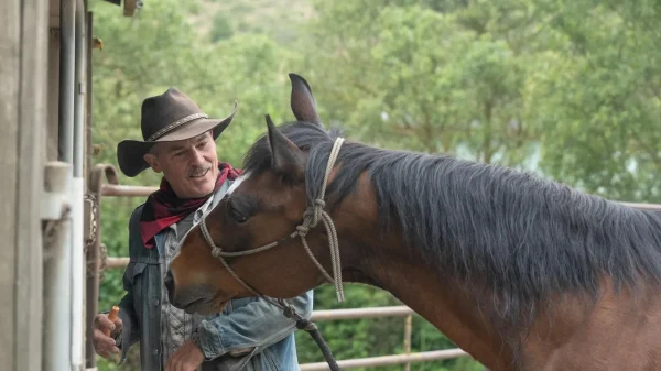 A man wearing a black cowboy hat, red bandana, and denim jacket is standing next to a brown horse with a black mane. The horse is wearing a rope halter, and the man is holding a small carrot, appearing to feed or interact with the horse. The background shows green trees and a metal fence.