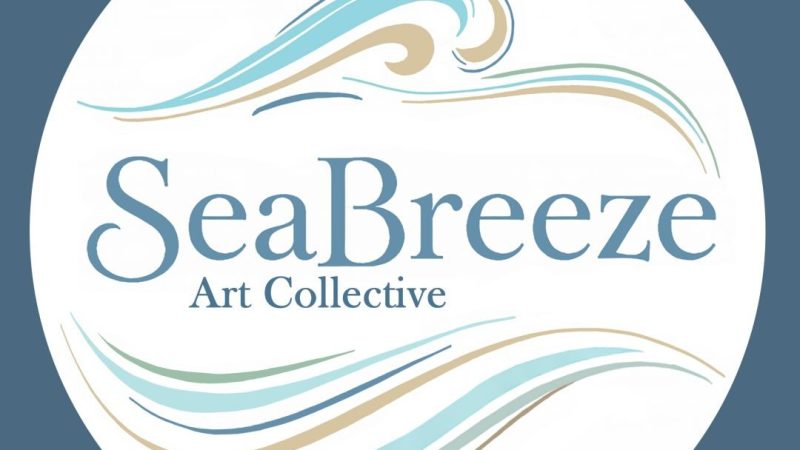SeaBreeze Art Collective logo featuring stylized waves in shades of blue, beige, and green above and below the text on a white circular background with a blue border.