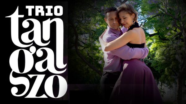 TRIO tango show poster with a couple dancing in a park under trees