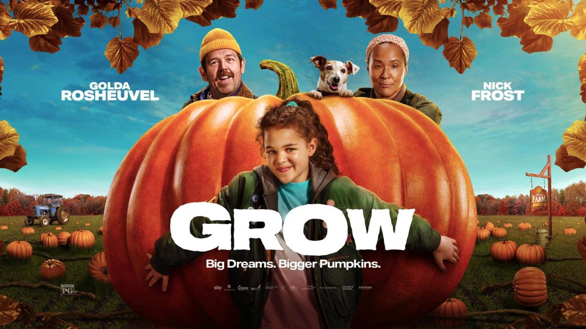 Movie poster for GROW with a giant pumpkin, a girl in front, two adults and a dog behind, and the text “Big Dreams. Bigger Pumpkins.”