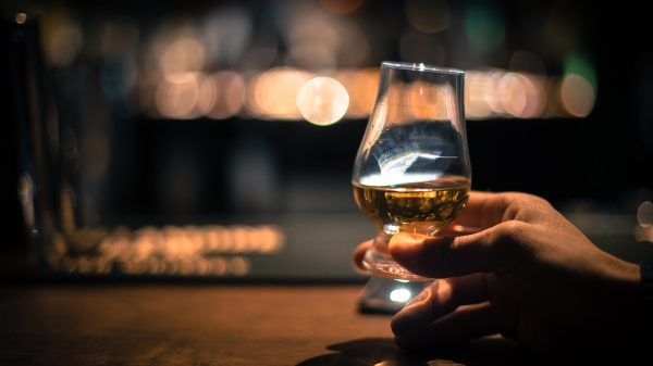 A hand holding a tulip-shaped glass with a small amount of amber-colored whiskey, set against a softly blurred background with warm bokeh lights.