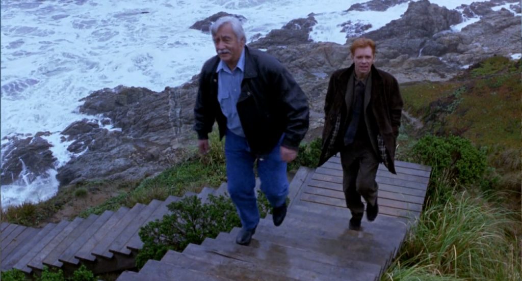 Two men are walking up wooden stairs on a coastal path with rocky cliffs and ocean waves in the background. The man in front has gray hair, a mustache, and is wearing a black jacket, blue shirt, and blue jeans. The man behind has red hair and is dressed in dark clothing with a long coat. Green shrubs and grass line the sides of the stairs.